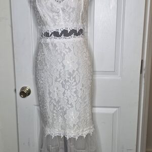 White Lace Mermaid Dress with Sheer Hem